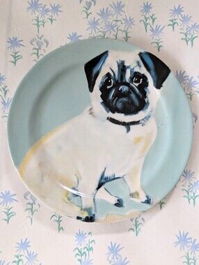 Anthropologie Sally Muir Dog a Day Pug Plate Stoneware Blue White Collectible
